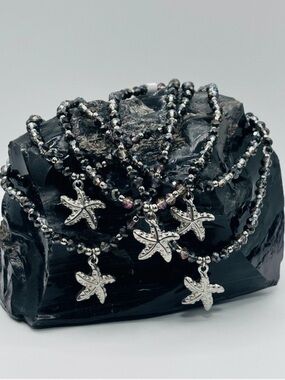 *ANKLET* Silver Starfish with Red Rose Gun Black Glass Stretchy Anklet